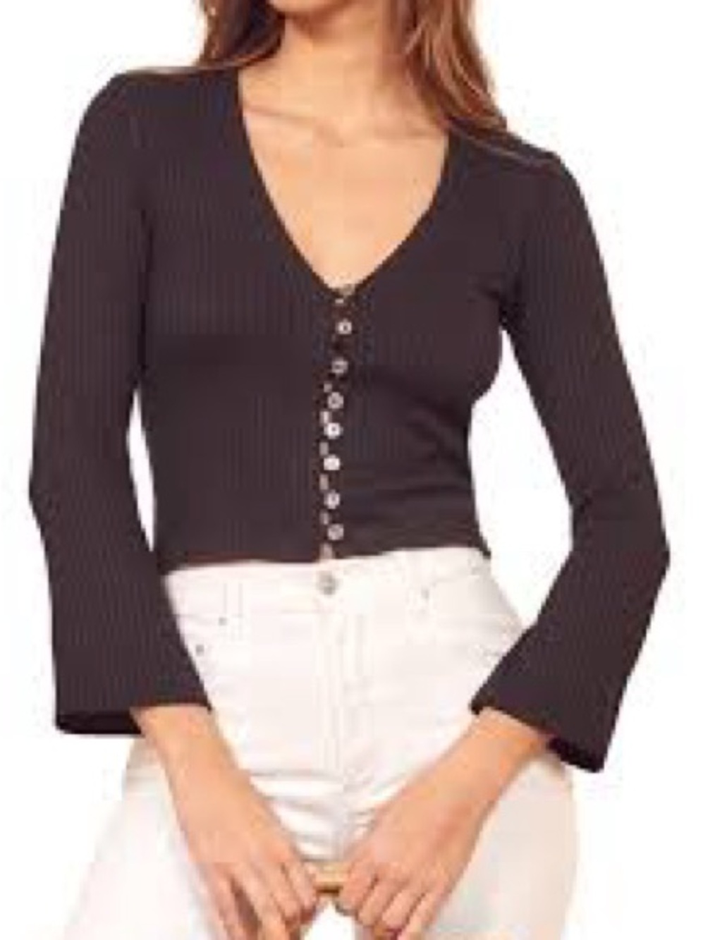 Reformation Black V-Neck Button-Front Ribbed Sweater - Picture 3 of 4
